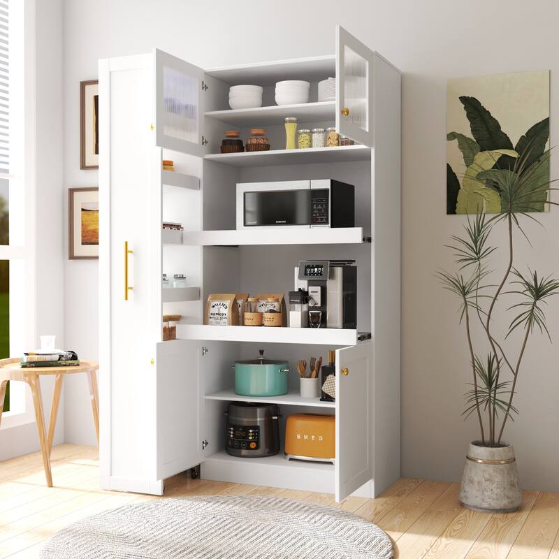 GDFStudio - Harry 70.87" Freestanding Multi-Function Pantry Cabinet with Pull-Out Shelves, Drawers & Microwave Stand