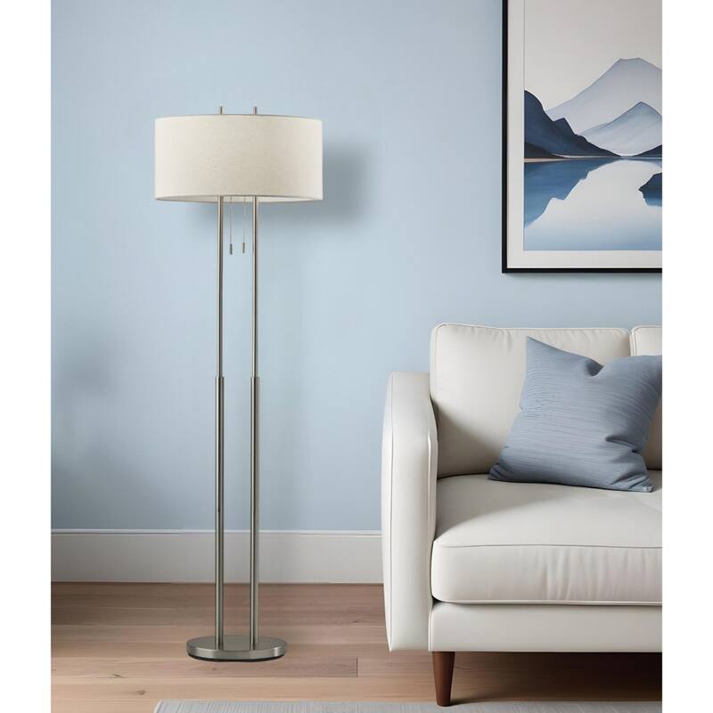 Modern 62” Task Floor Lamp in Brushed Silver and White Drum Shade Pull Chain Switch Plug-In - 19"L x 9"W x 62"H