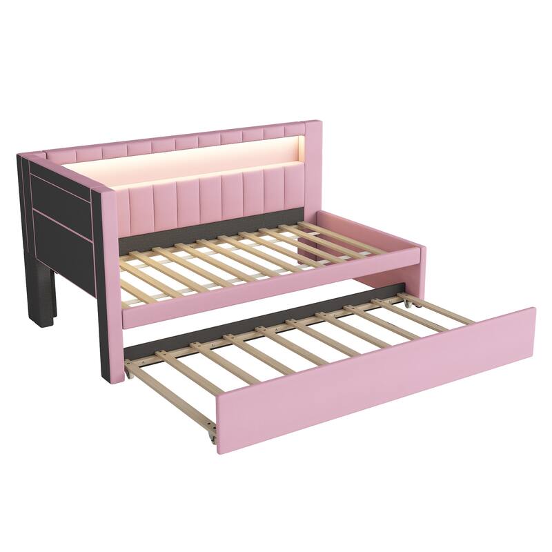 Upholstered Twin Size Platform Bed with USB Ports and LED Belt, With Trundle