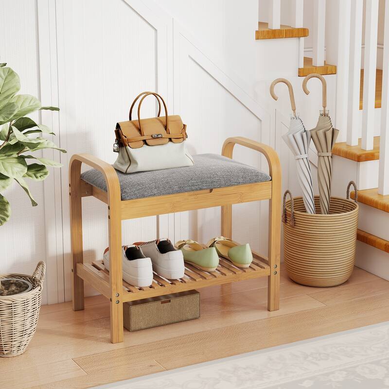 Gymax Shoe Rack Bench Bamboo W/Cushioned Seat&Storage Shelf Padded