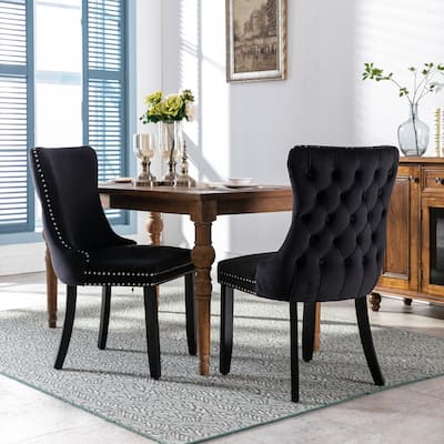 Set of 2 Upholstered Wing-Back Dining Chair with Nailhead and Solid Wood Legs