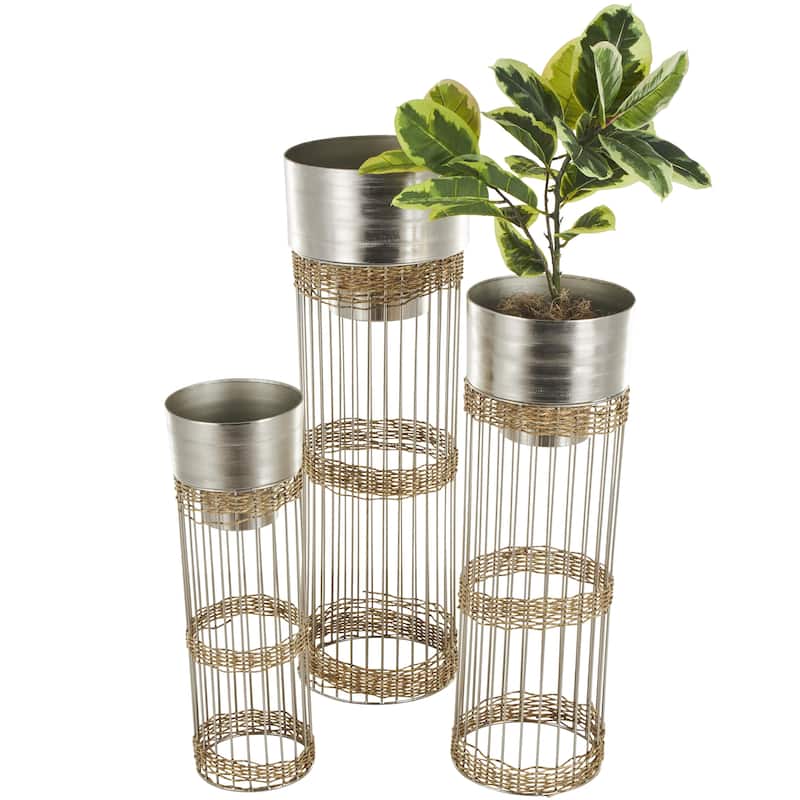 Metal Textured Dome Indoor Planter with Woven Seagrass or Rattan and Cage Rod Base - Set of 3 Gold or Silver - Roche River Decor