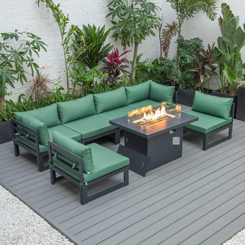 Outdoor 7-Piece Patio Sectional Set Aluminum Frame W/ Fire Pit Table
