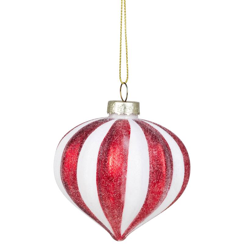 4Ct Red White Glittered Candy Cane Onion Glass Christmas Ornaments 3"