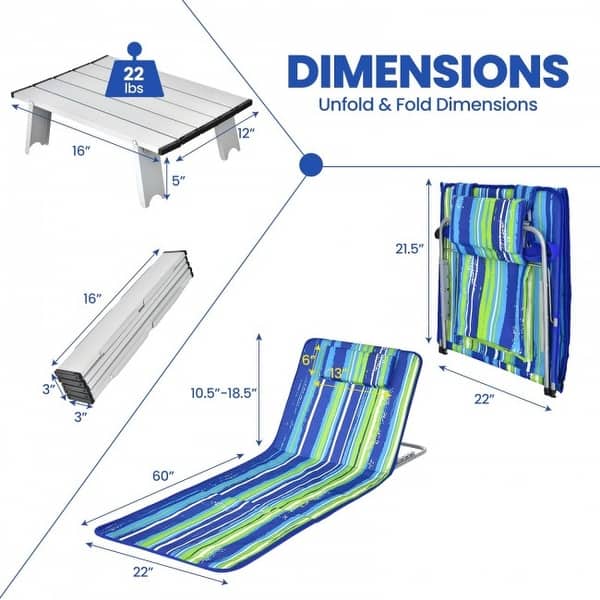 dimension image slide 0 of 2, 3 Pieces Beach Lounge Chair Mat Set 2 Adjustable Lounge Chairs with Table Stripe - 60" x 22" x 10.5"-18.5" (L x W x H)