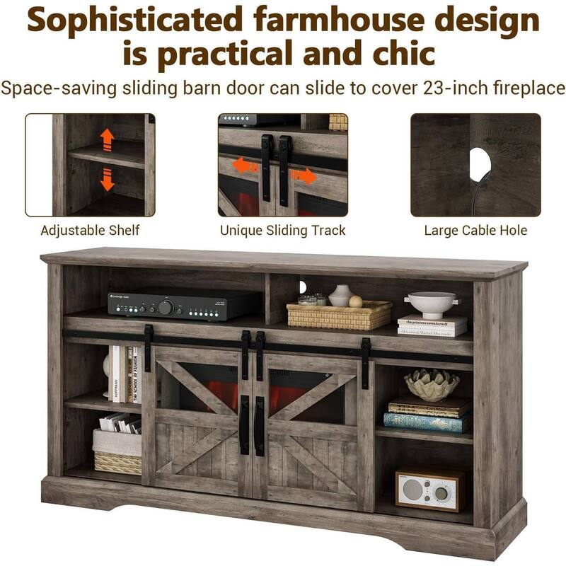 Farmhouse Electric Fireplace TV Stand Entertainment Center for Living Room, Grey