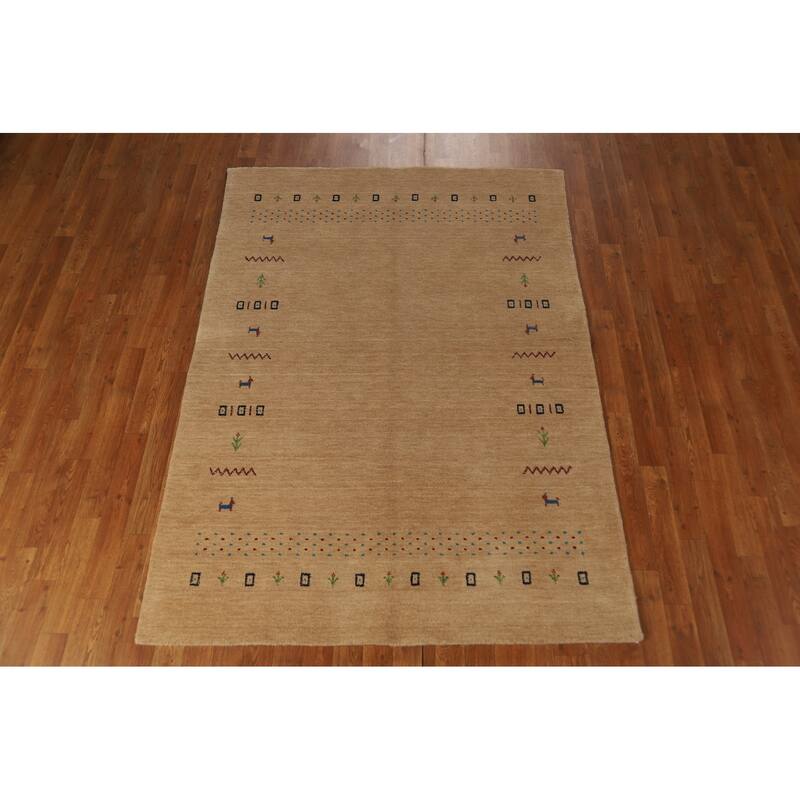 Tribal Gold Gabbeh Oriental Area Rug Hand-Knotted Modern Wool Carpet - 4'8" x 6'6"