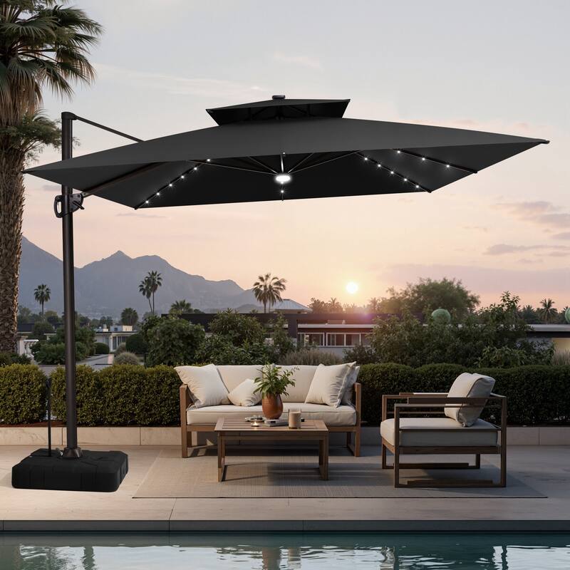 11 FT Outdoor LED Double Top Patio Cantilever Umbrella and Base Stand with Wheels and Drag Rod