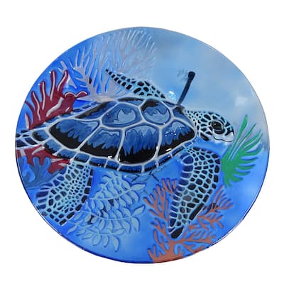 Alpine Corporation KBD172A-18 18" Glass Birdbath with Turtle Accent and Black Metal Stand, Outdoor Garden and Patio Decor, Blue