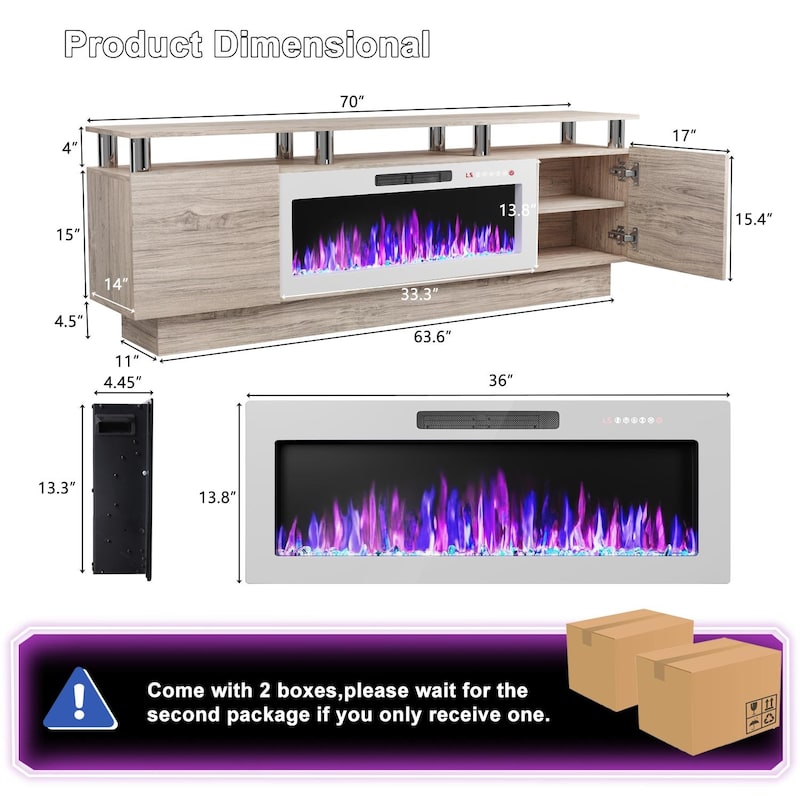 BOSSIN 70" Modern Electric Fireplace TV Stand, with Electronic Flame and LED Lights, High Gloss Finish Entertainment Center