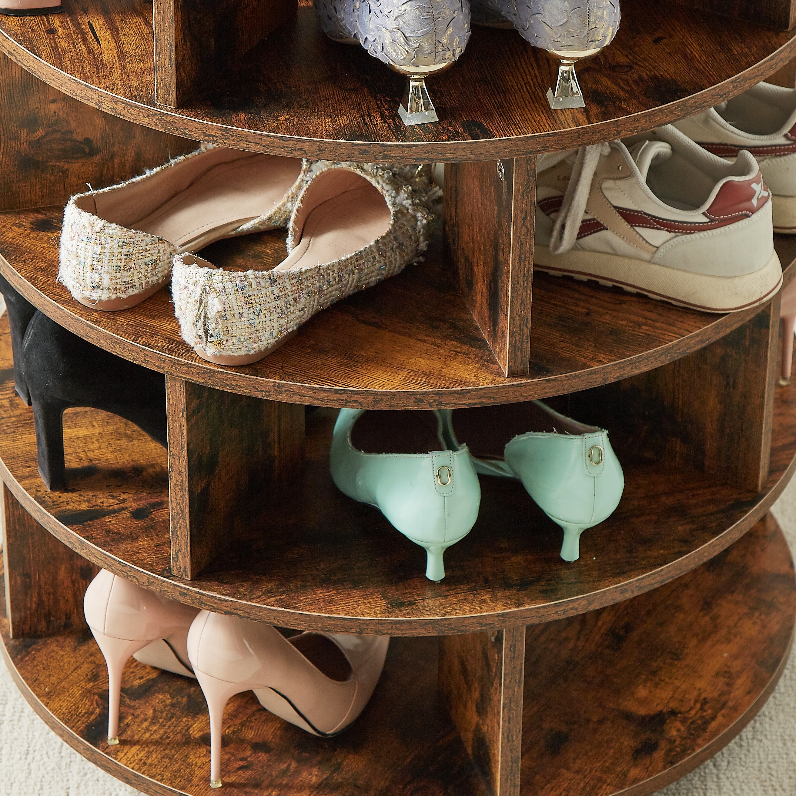 4 Tier Round Pushable Wooden Shoe Cabinet on Wheels Wooden 360 Rotating Shoe Rack Tower for 16 20 pairs of shoes Bed Bath Beyond 38938392