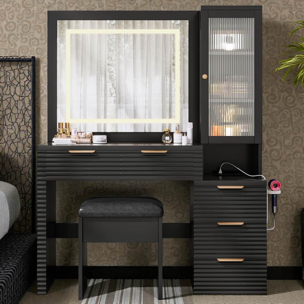 43.5" Fluted Vanity Desk with Lighted Mirror, Charging Station, 5 Drawers, Glass Door Cabinet and Stool