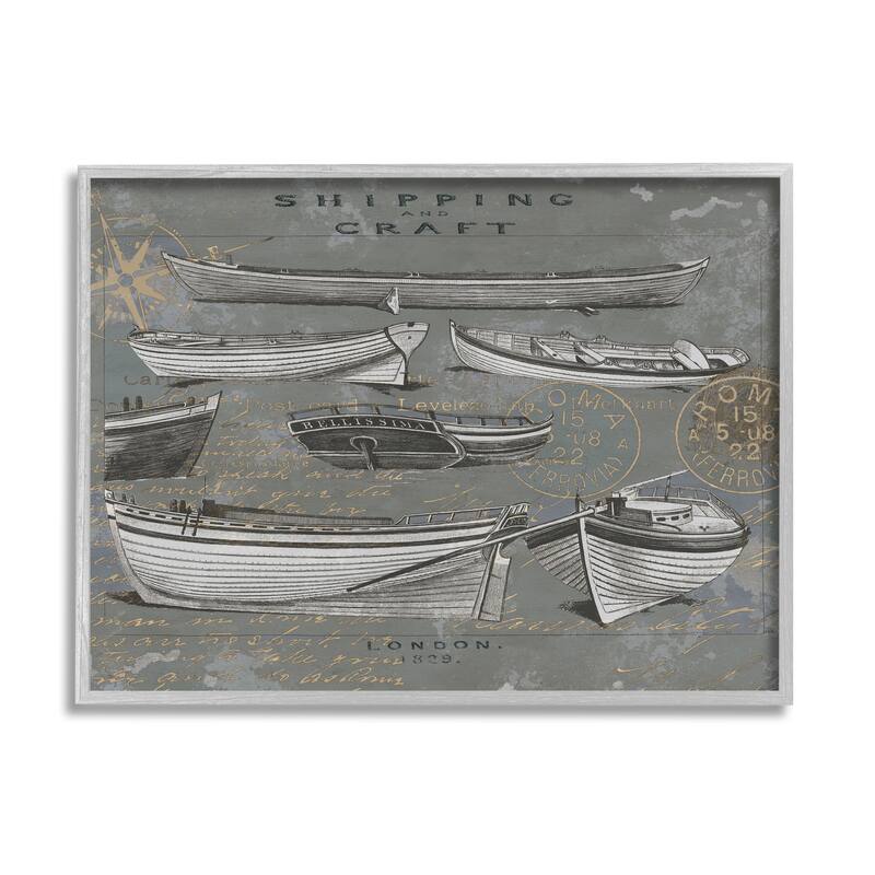 Stupell Shipping & Craft Various Boats Diagram Framed Giclee Art by Oliver Jeffries - 14 x 11 - Grey