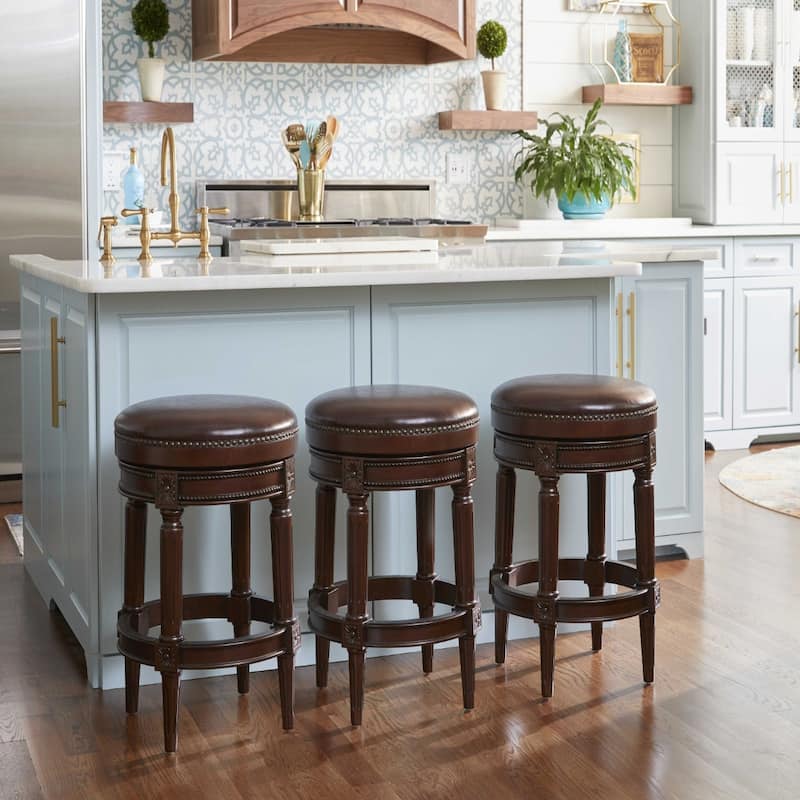 Brown Wood Frame Swivel Counter Bar Chair with Faux Leather Round Seat