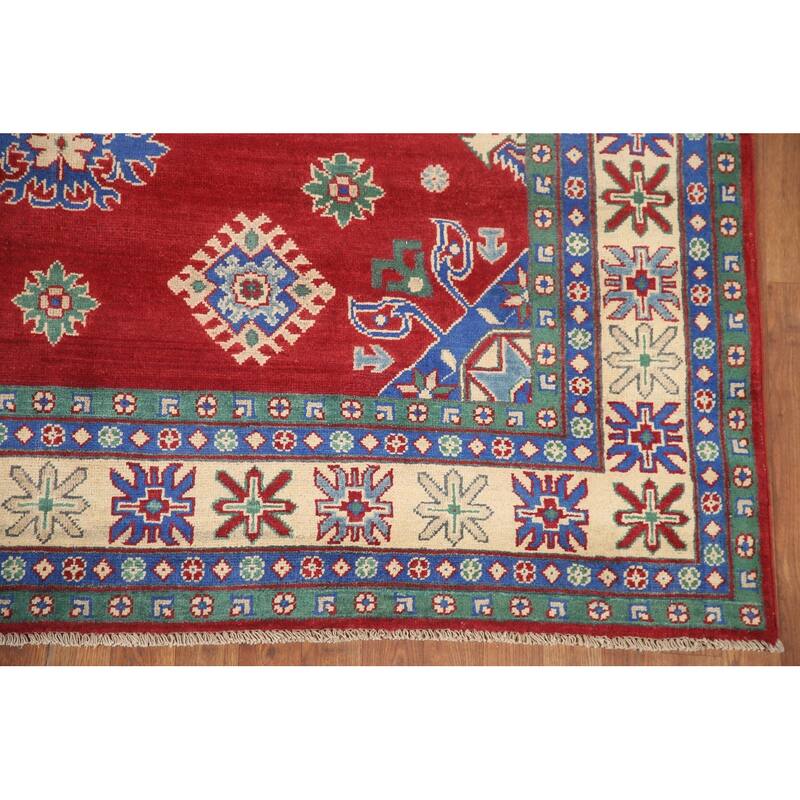 Hand Knotted Oriental 100% Wool Carpet Traditional Geometric Red Kazak Area Rug - 9' 7'' X 6' 7''