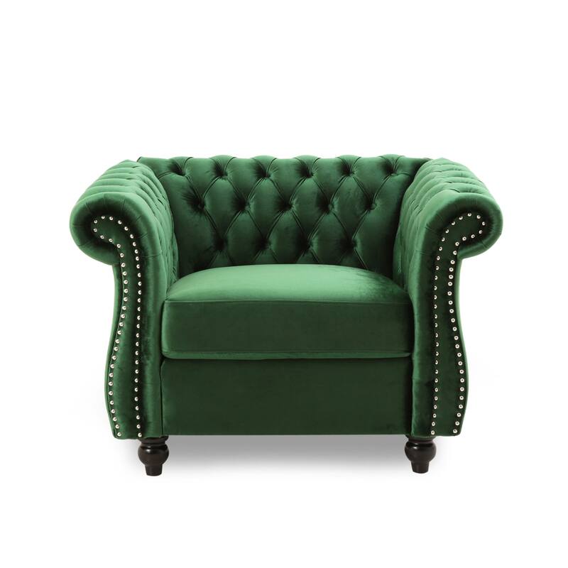 Roomfitters Chesterfield Club Chair with Deep Tufting, Rolled Arms and Nailhead Trim, Velvet Accent Armchair