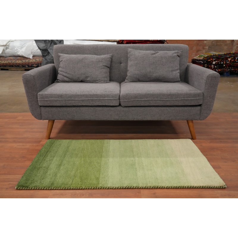 Hand Knotted Oriental 100% Wool Carpet Modern Stripe Green Gabbeh Area Rug - 4' 5'' X 2' 5''