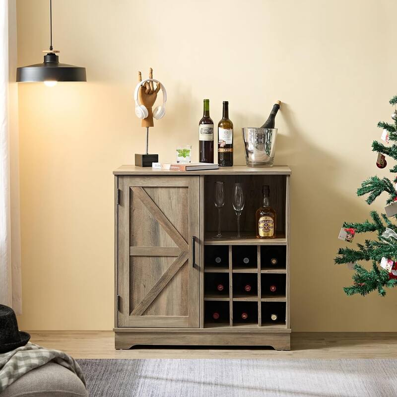 Roomfitters Farmhouse Coffee Bar Cabinet Bar Cabinet with Wine Rack Barn Door Buffet Sideboard Cabinet with Drawer - Gray Wash
