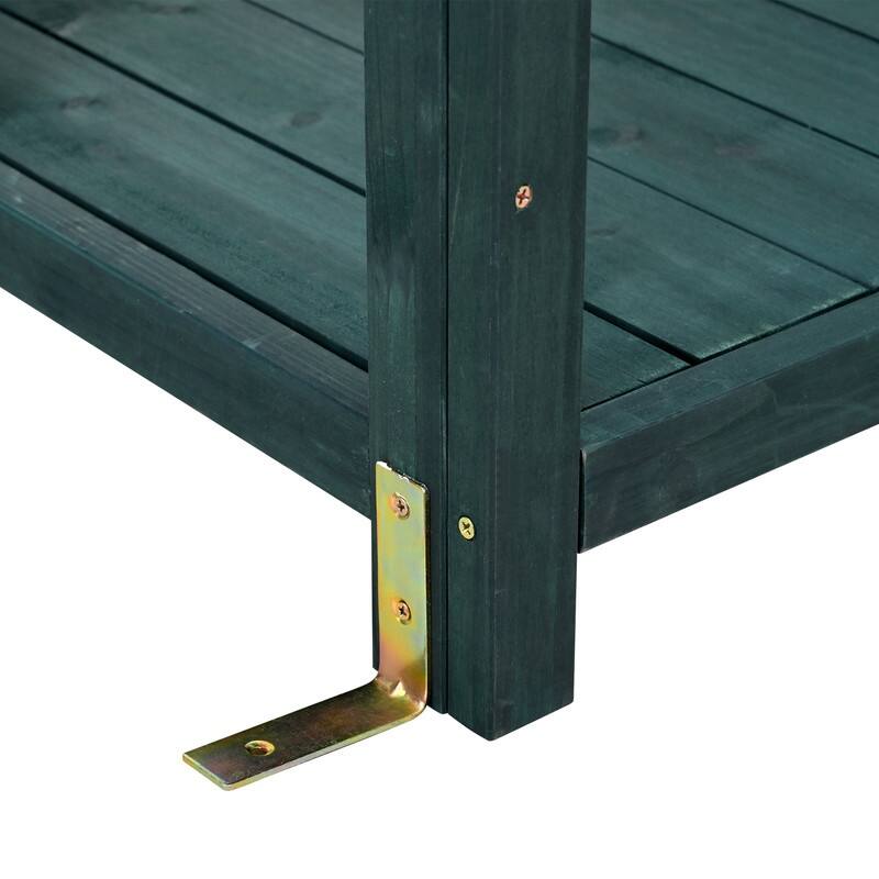 65" Large Wooden Farmhouse Rustic Outdoor Potting Bench Table, Patio Workstation with 4 Storage Shelves and Side Hook