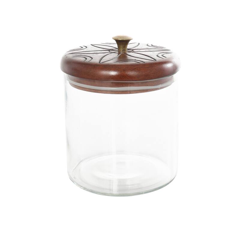 Glass Floral Carved Decorative Jars with Brown Wooden Lids and Gold Knobs - Set of 2 Clear - Roche River Decor - 5"W x 5"L x 9"H