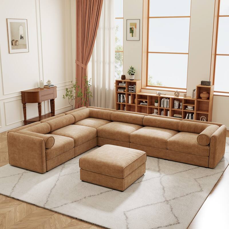 Modern 7-Piece Modular Sofa with Storage 6 Seats & 1 Ottoman - Camel