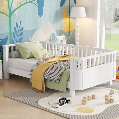 Twin Size Wood Platform Bed for Kids, Wood Low Profile Twin Bed with Rails for Girls and Boys, White (Patented Design)