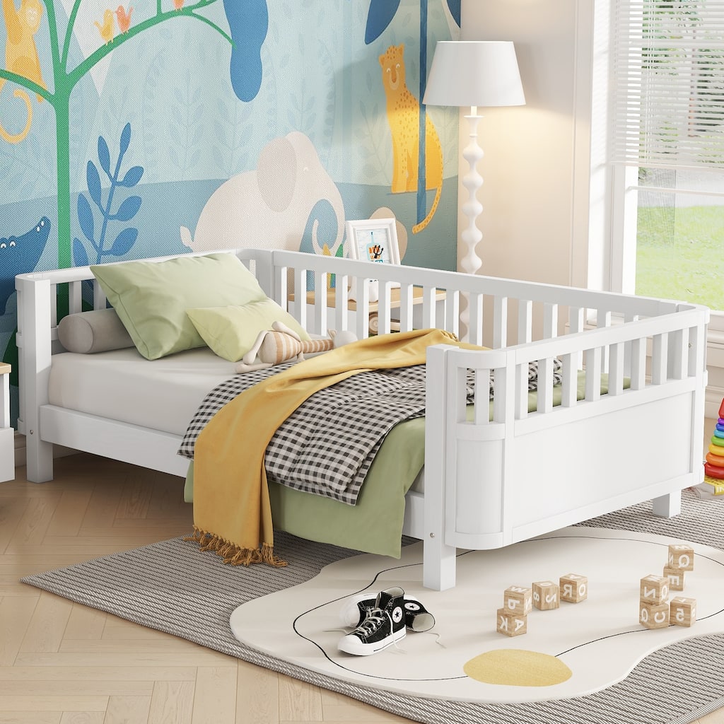 Twin Size Wood Platform Bed with Safety Rails for Kids, Low Profile Design, White