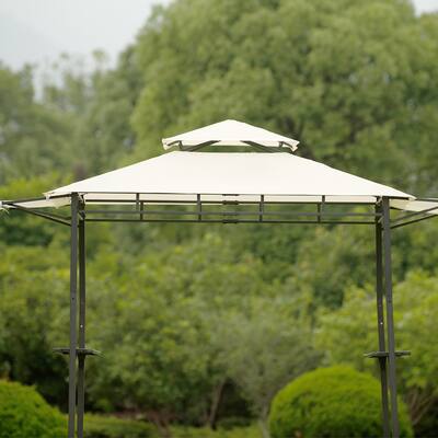 12Ft.Lx4.3Ft.W Steel Double Tiered Backyard Patio BBQ Grill Gazebo with Bar Counters, Beige