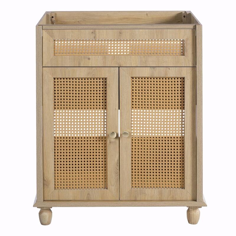 30-Inch Bathroom Vanity with Handwoven Rattan Doors, Solid Wood Legs & Resin Basin