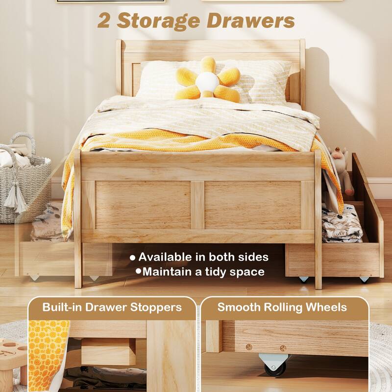 Twin Size Wooden Sleigh Platform Bed with 2 Under-Bed Drawers Included Headboard and Footboard