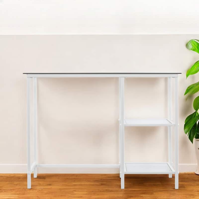Clear Glass White Metal Rectangular Writing Desk with Shelves