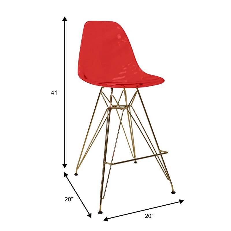 Cresco Acrylic Bar Stool with Gold Chrome Steel Base and Footrest - Counter Height Chair for Kitchen or Dining Area Set of 2