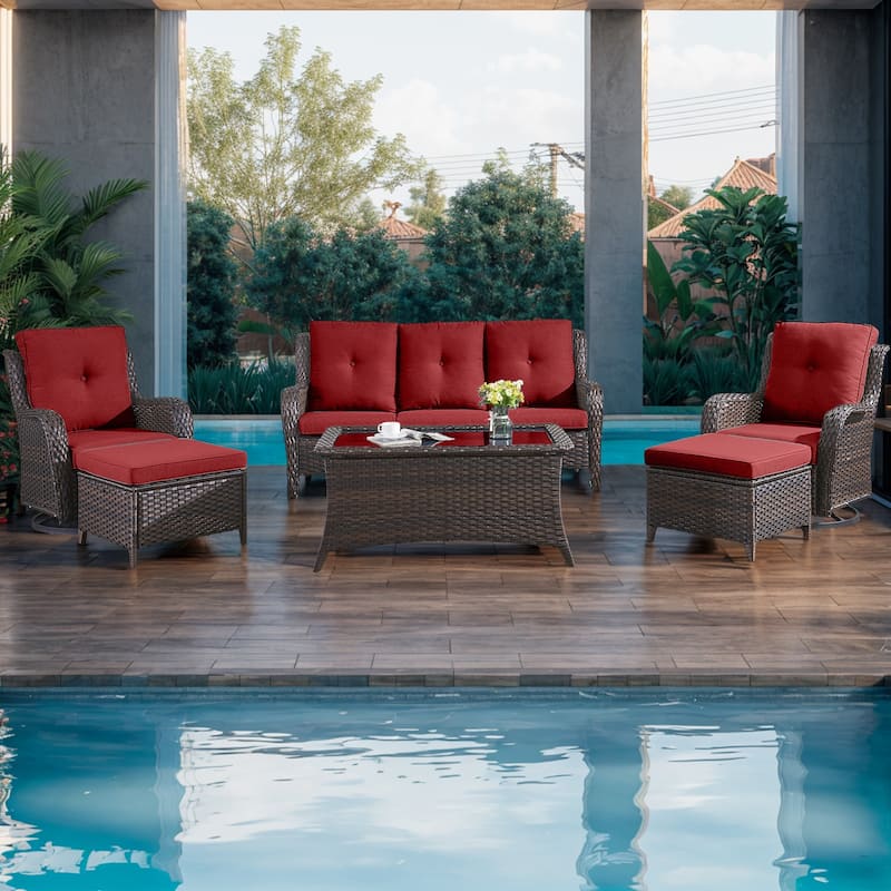 6 Piece Set with Sofa Swivel Chair Ottoman - Brown - Red