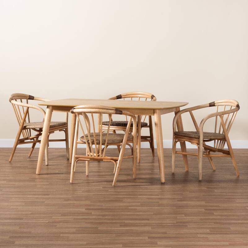 Kyoto Modern Bohemian Natural Brown Finished Wood and Rattan 5-Piece Dining Set