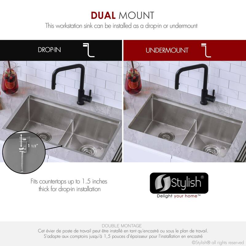 Dual-Mount Stainless Steel Workstation Kitchen Sink built in Accessories