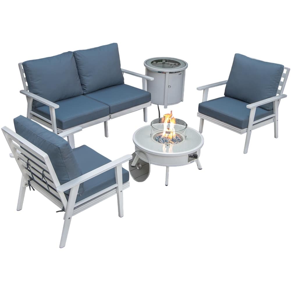 Walbrooke Modern 5-Piece Outdoor Aluminum Conversation Set of 3 Polyester Chairs, Fire Pit Table with Lid and Tank Holder