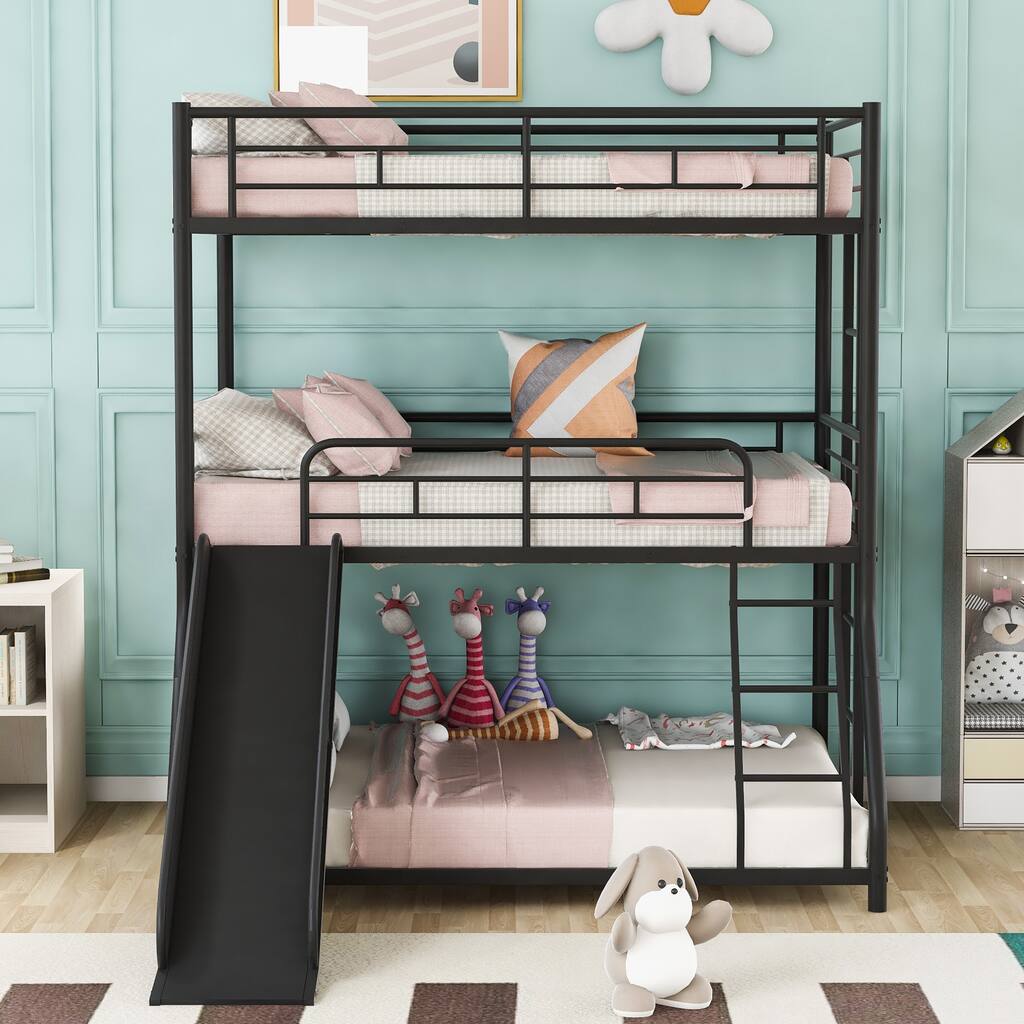 Twin over Twin over Full Triple Bunk Bed with Long and Short Ladder and Full-Length Guardrails