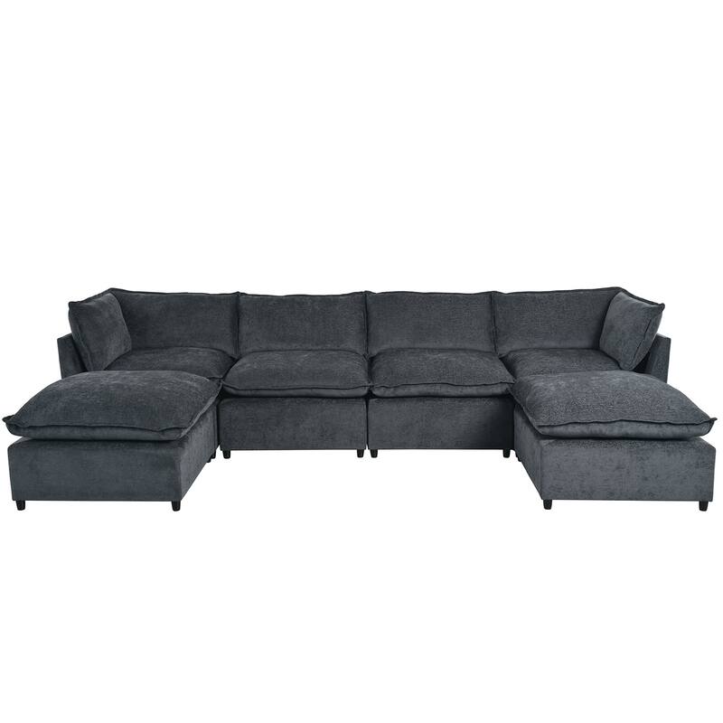 U-Shape Sectional Sofa Upholstered Couch with Removable Cushions and Solid Wood Frame, Modular Sofa 2 with Movable Ottoman
