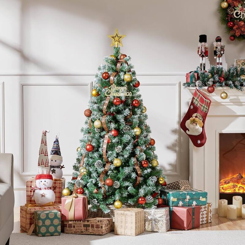 Garvee 4.5Ft Pre-Lit Flocked Artificial Christmas Tree with Pine Cones