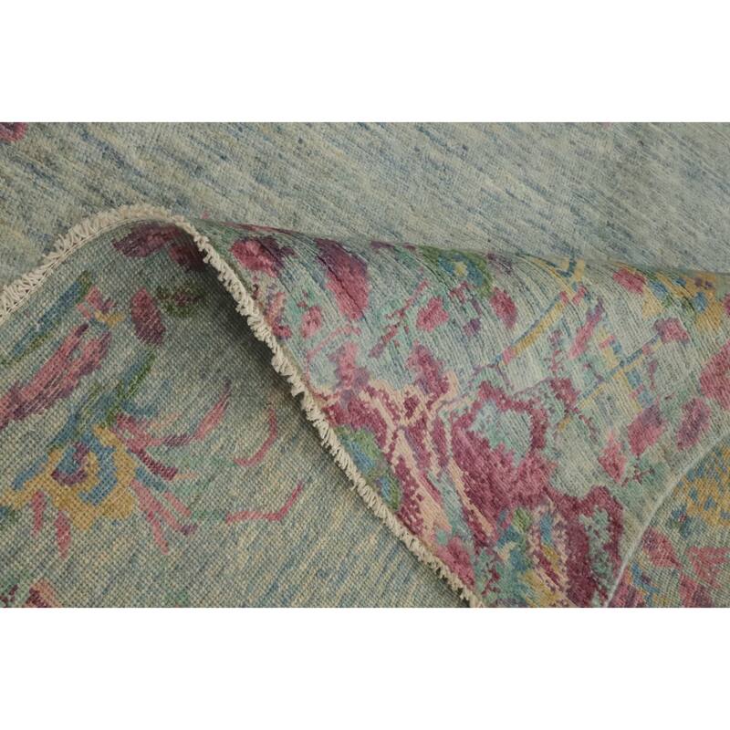 Hand Knotted Oriental 100% Wool Carpet Traditional Floral Navy Blue & Blues Ziegler Runner Rug - 14' 8'' X 4' 10''