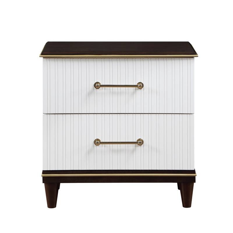 Shim 29 Inch Nightstand with 2 Drawers, Gold, White, and Cherry Brown Wood