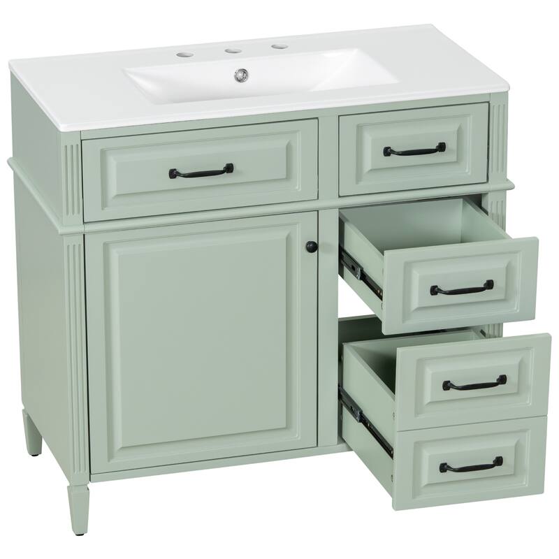 Roomfitters 36" Bathroom Vanity with Sink, Solid Wood Legs, 4 Drawers & Soft-Close Door with Storage Rack