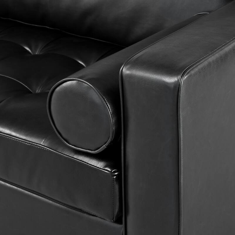 Mid-Century Modern 3-Seat Sofa, Black PU Leather, Tufted Design, Solid Wood Legs, 2 Bolster Pillows