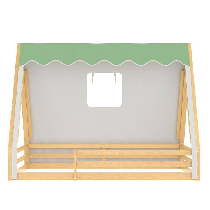 House Floor Bed with Tent and Light Montessori Kids Wood Bed Frame
