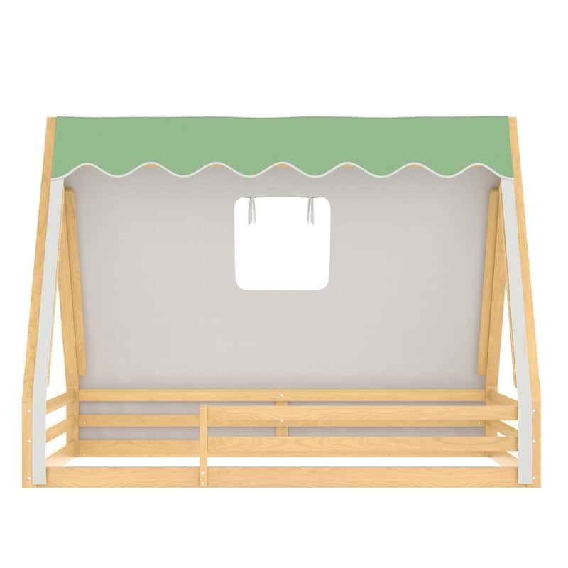 Teepee Montessori Bed for Toddlers, House-shaped Platform Bed Kids Playful Floor Bed with Tent, Sunroof and Light Strip