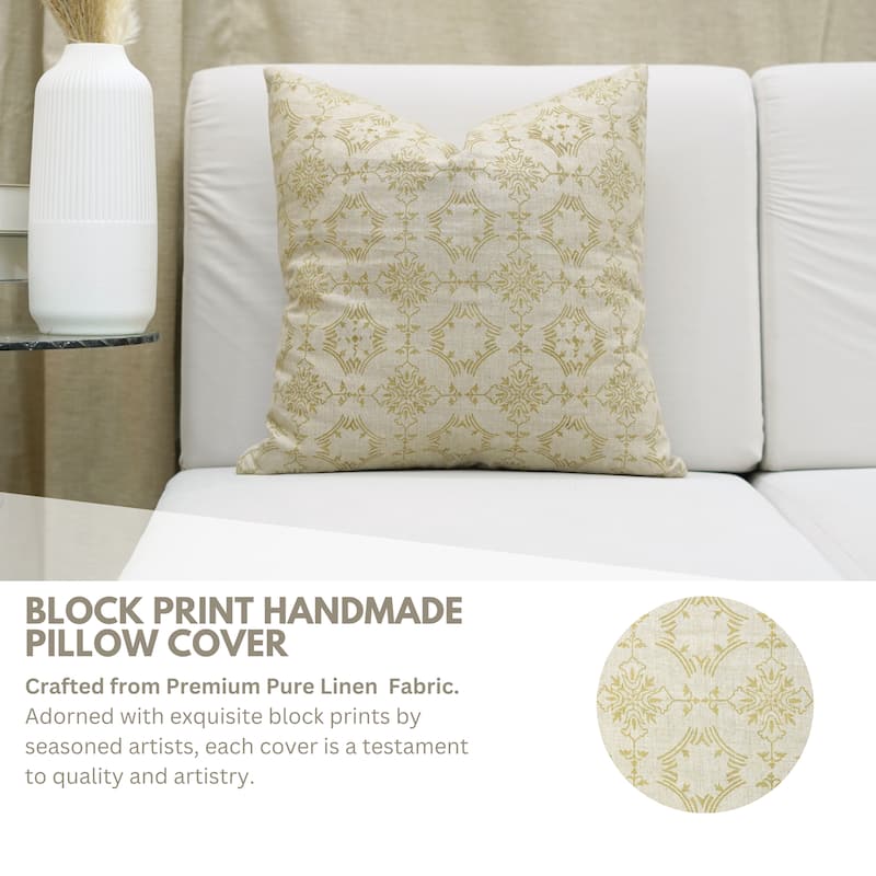 Fabdivine Square Light Yellow Farmhouse Fall Décor Home Block Print Cushion Cover 16x16 Inches Floral Pillowcase, Chakravyuh