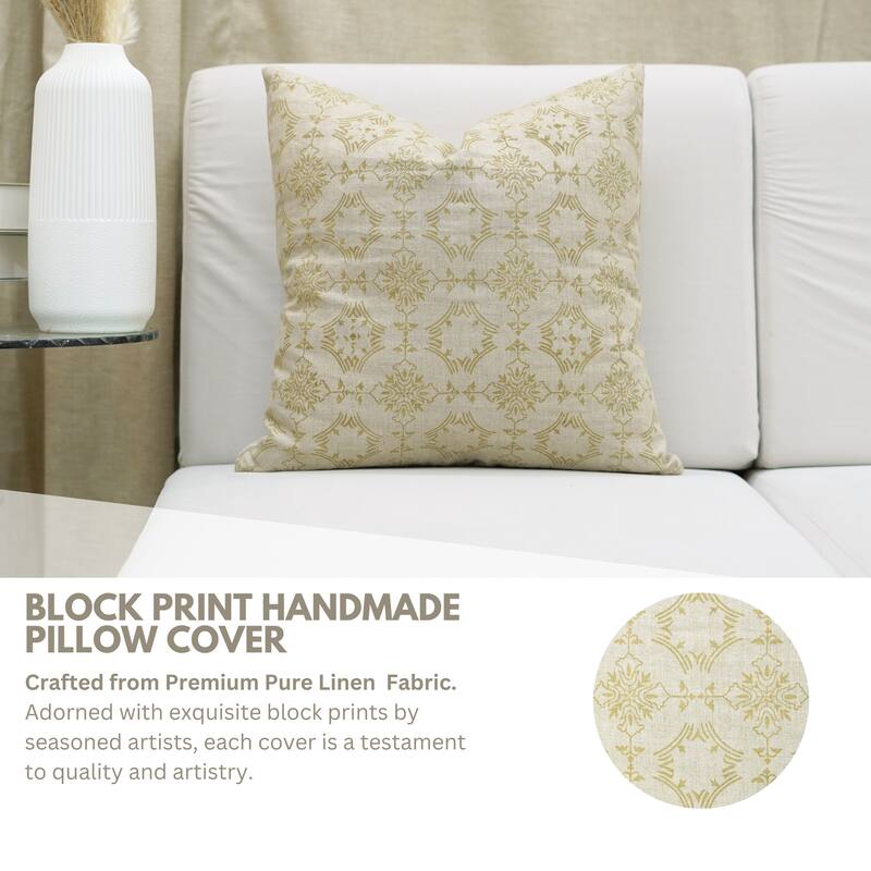 Fabdivine Square Light Yellow Farmhouse Fall Décor Home Block Print Cushion Cover 26x26 Inches Floral Pillowcase, Chakravyuh