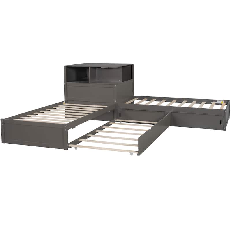 Twin Size L-shaped Bed Frame with Trundle Bed and Storage Cabinets, Desk, Lighting, Corner Platform Storage Bed Frame