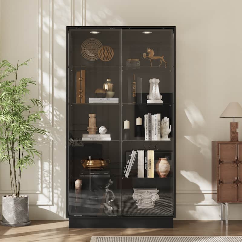 Bookshelves Glass Display Cabinet with LED Spotlight, 72.8" Tall Curio Cabinet with Tempered Glass Shelves