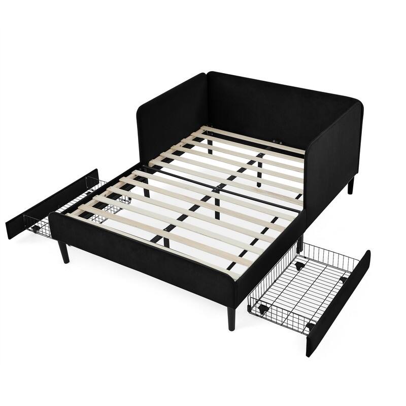 Full Size Velvet Upholstered Platform Bed with 2 Storage Drawers